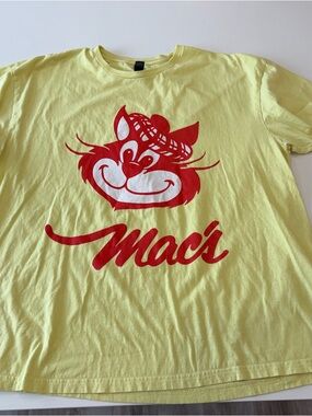 Mac's Yellow Tee with Red Graphic Cat Logo